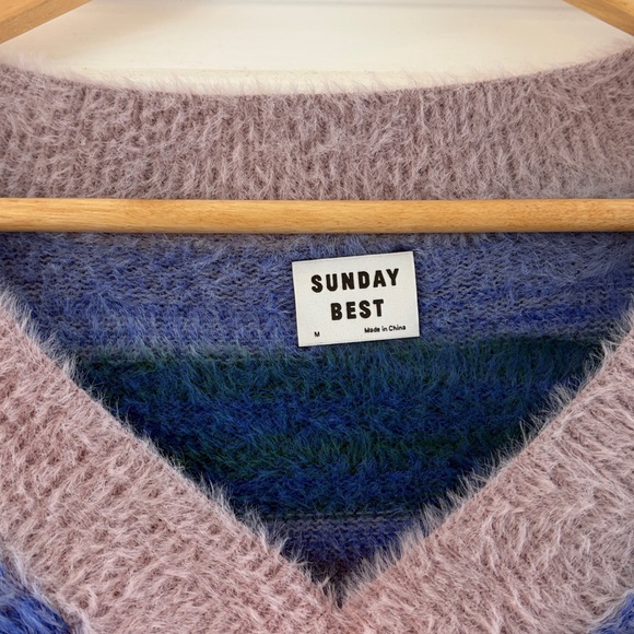 Sunday Best Fuzzy Striped V-Neck Sweater - Blue, Green, and Purple - Picture 6 of 6